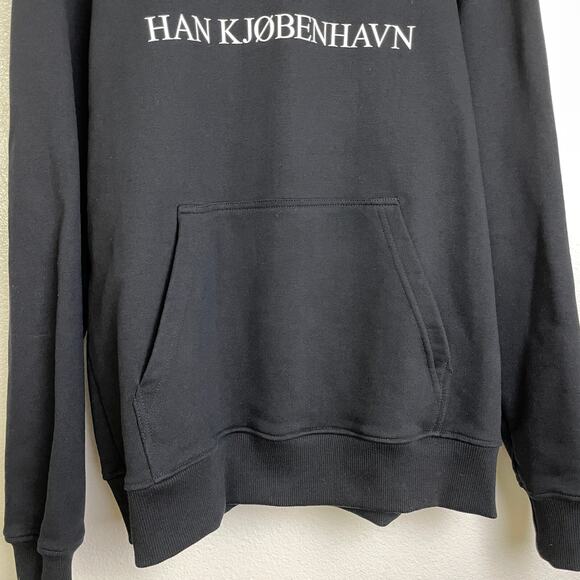 Han Kjoberhavn Black Hoodie Sweatshirt Medium Mens White Logo Pullover Heavy - Picture 4 of 10